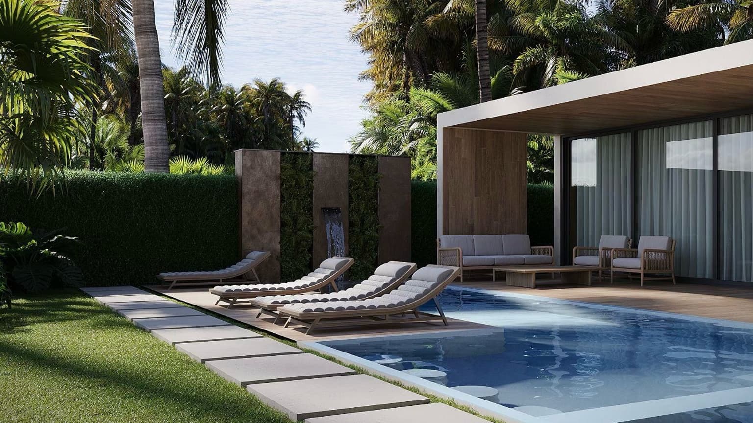 Villa exterior — flat-roof architecture with pool — Hin Kong Villas