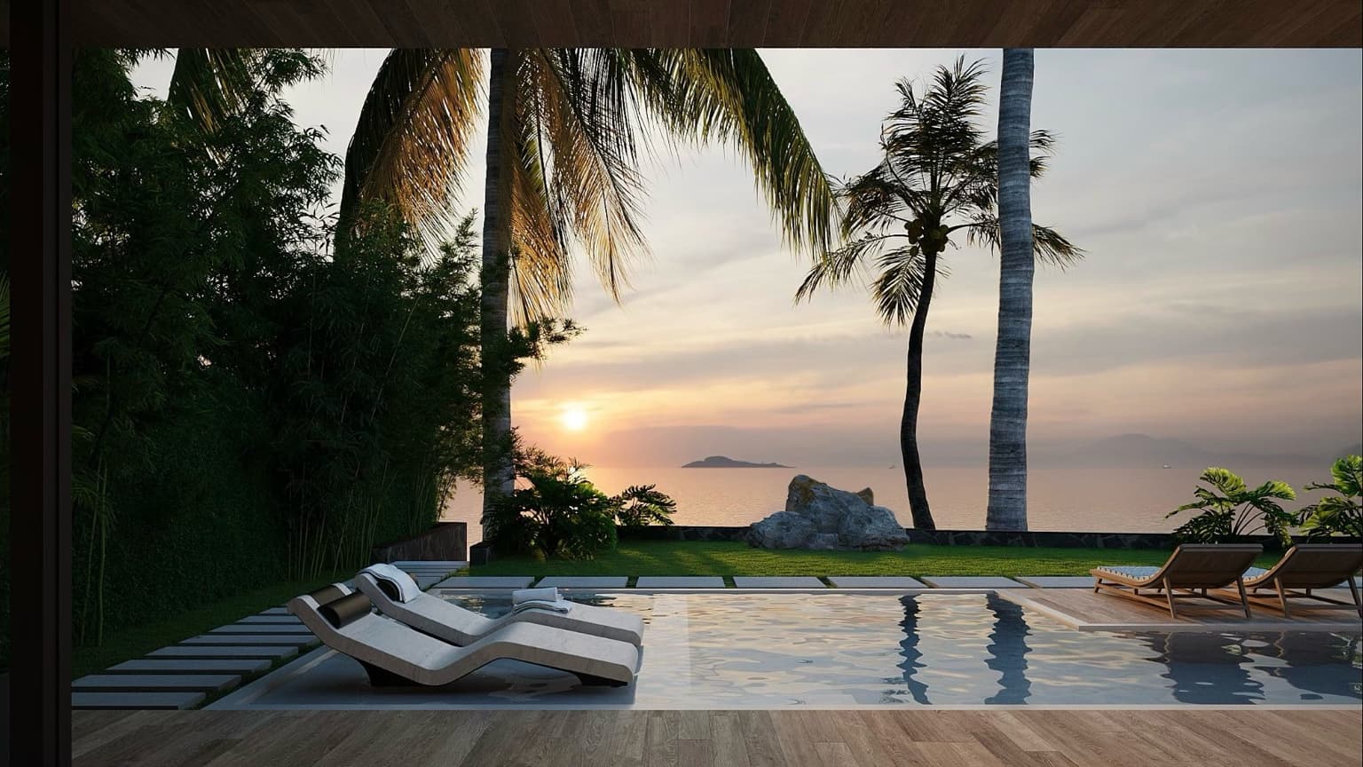 Pool terrace with covered seating and water feature — Hin Kong Villas