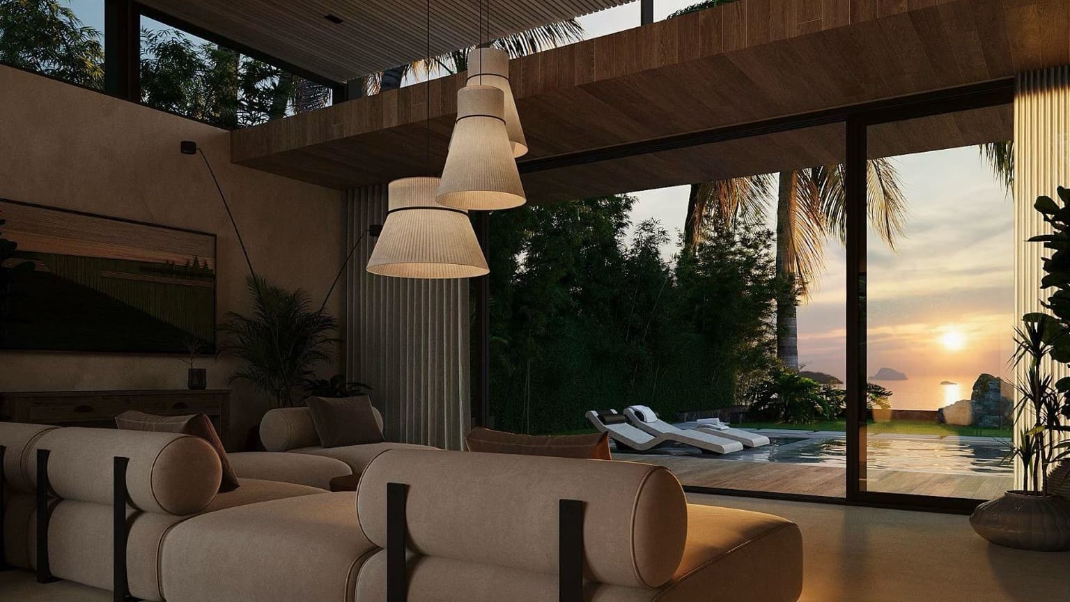 Open-plan living room with pool view — Hin Kong Villas