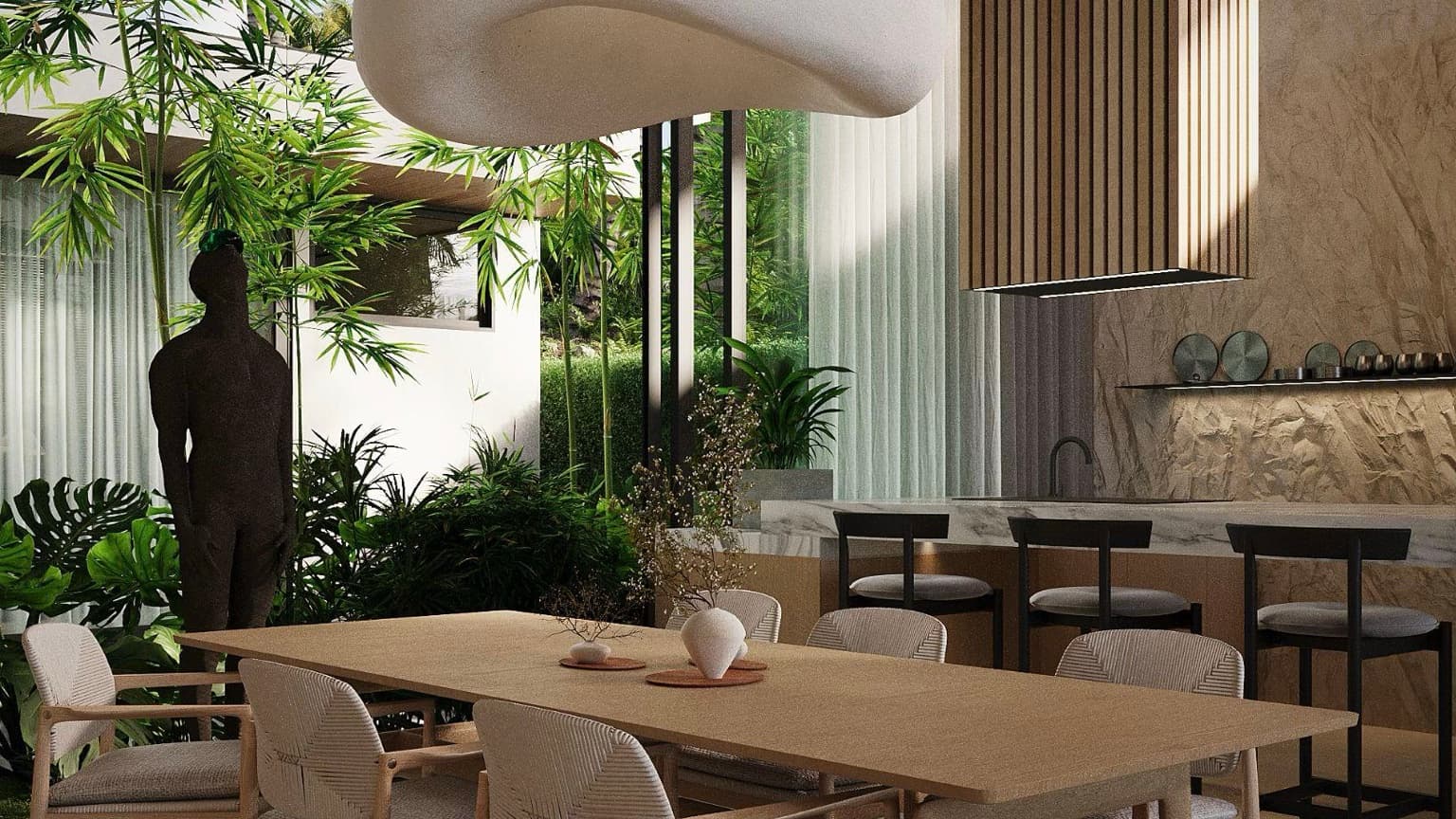 Living room at dusk with ocean sunset — Hin Kong Villas