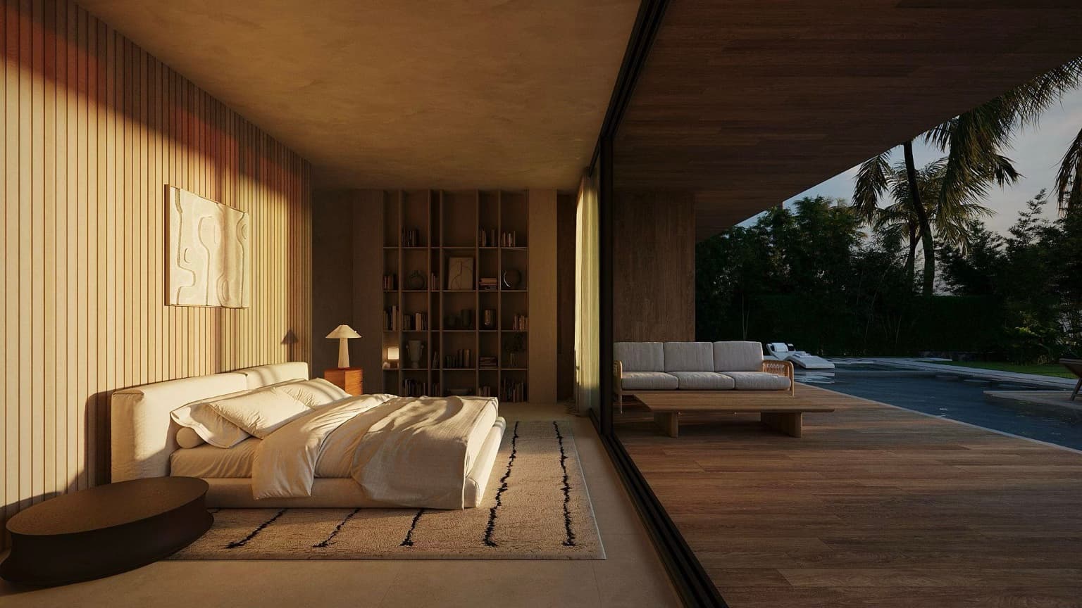 Master bedroom open to pool terrace at golden hour — Hin Kong Villas